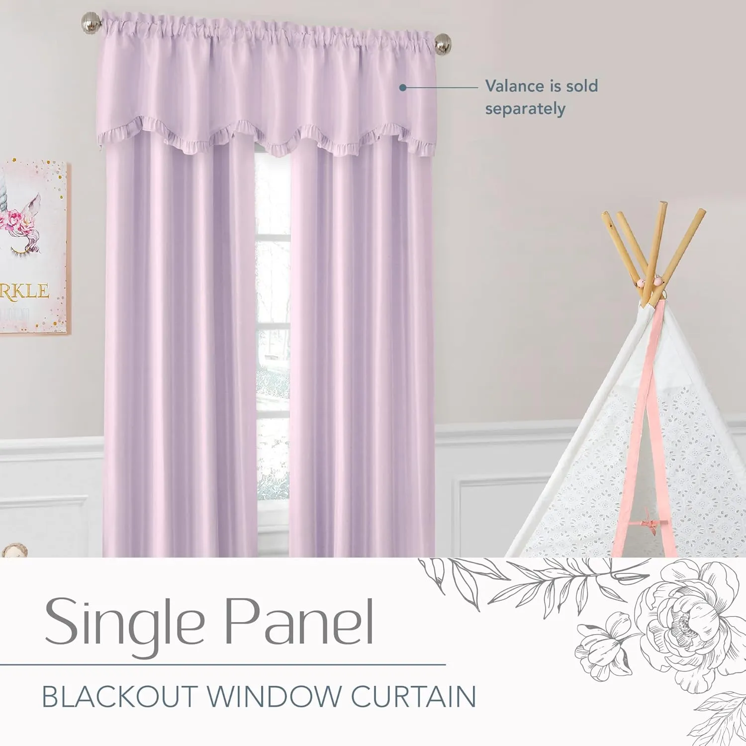 Elrene Home Fashions Adelaide Nursery and Kids Room Room-Darkening Window Curtain, Single Panel, 52 Inches x 63 Inches, Lavender