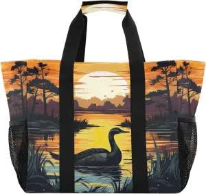 Emelivor Ducks Pond Large Tote Bag Canvas Travel Beach Tote Bag Shoulder Grocery Bags Foldable Handbags PoolBag for Women Men Work Daily Shopping