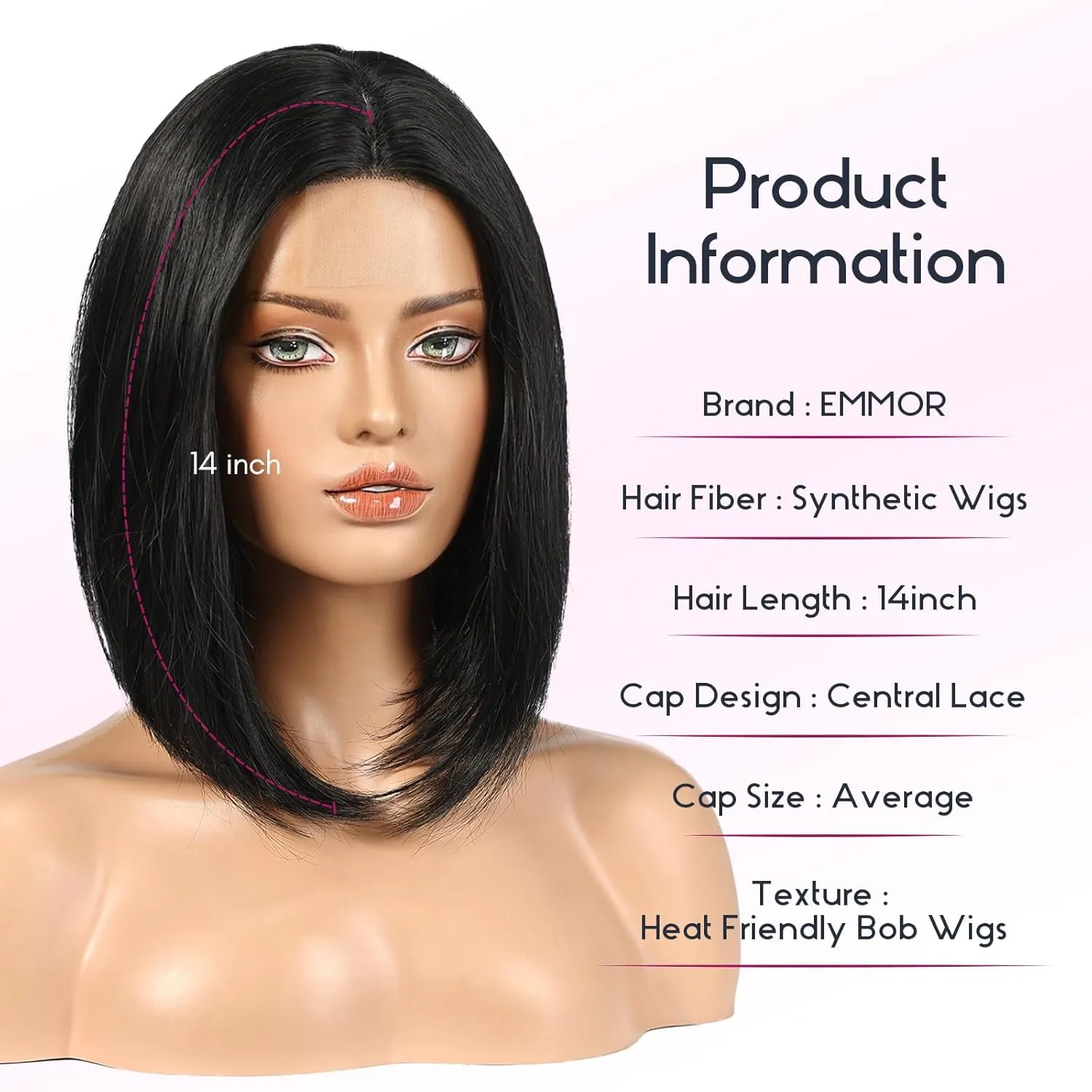 EMMOR Short Bob Wigs,Natural Shoulder Length Central Lace Bob Wgs, Premium Heat-Resistant Synthetic Straight Wigs for Women Daily Use(Black)