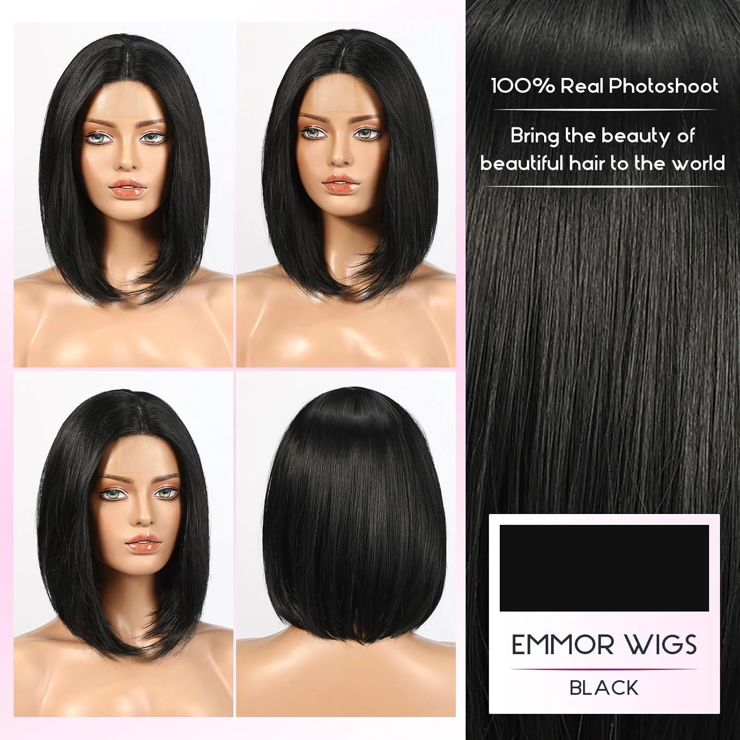 EMMOR Short Bob Wigs,Natural Shoulder Length Central Lace Bob Wgs, Premium Heat-Resistant Synthetic Straight Wigs for Women Daily Use(Black)
