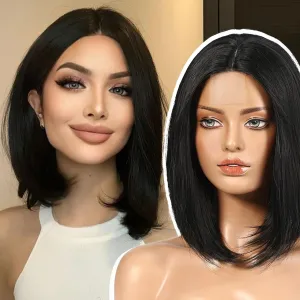 EMMOR Short Bob Wigs,Natural Shoulder Length Central Lace Bob Wgs, Premium Heat-Resistant Synthetic Straight Wigs for Women Daily Use(Black)
