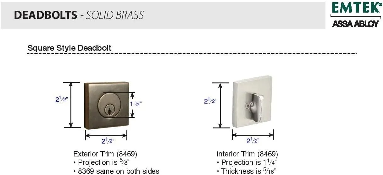 Emtek Hardware Deadbolt, Single Cylinder, Square, Solid Brass, Modern Style, C-Keyway, Model: 8469, Color: Satin Brass (US4)