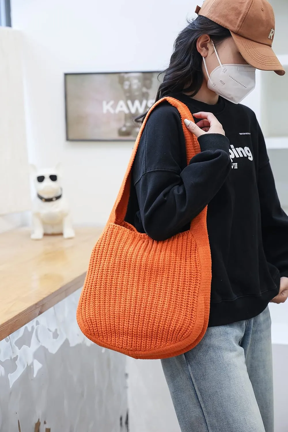 ENBEI Women's Crochet Tote Bag Knit Shoulder bag,Aesthetic Bag,Cute Eco-Friendly Tote for Travel,Daily Use,Gift Box Packaging