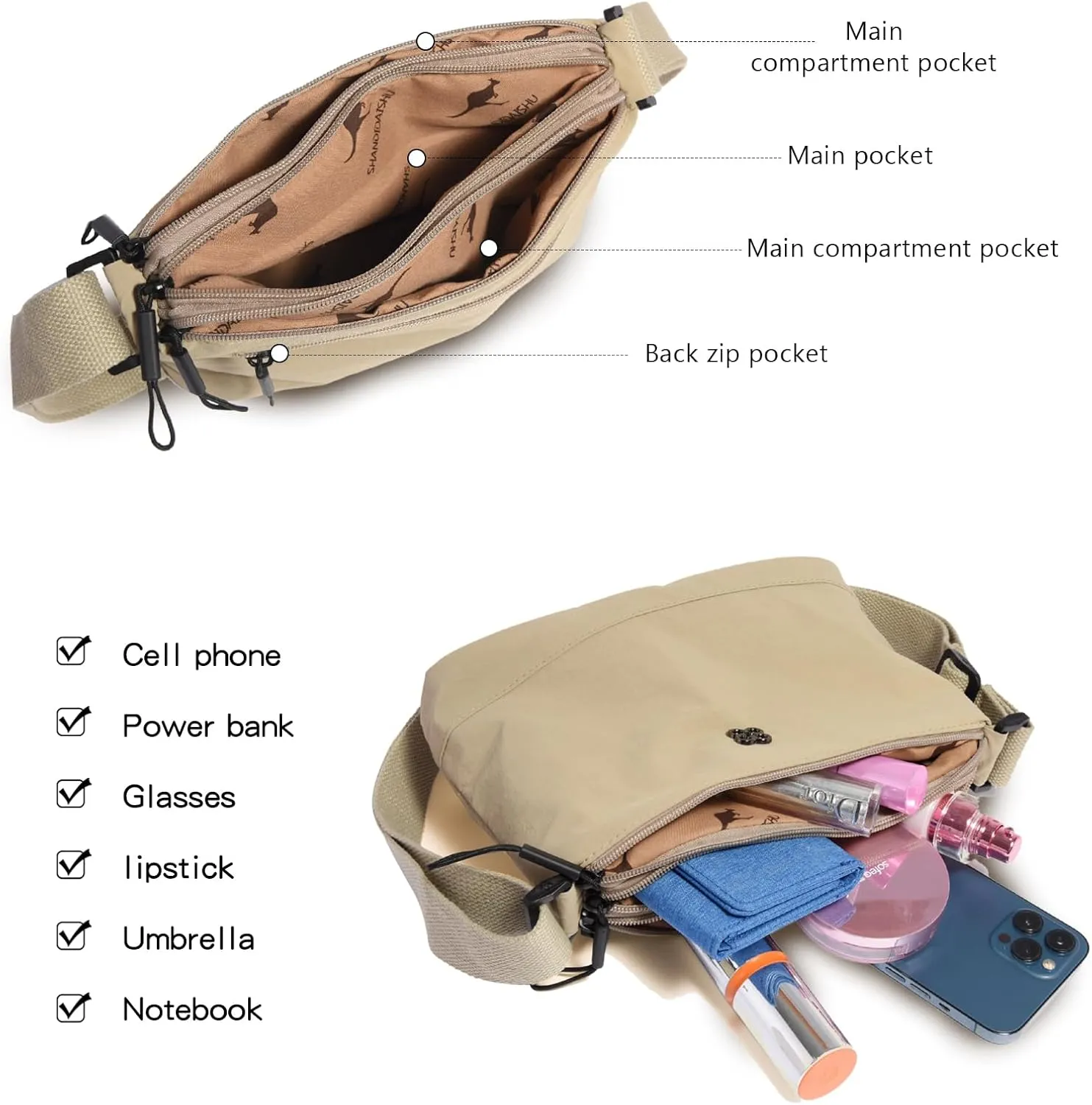 Eslcorri Crossbody Bags for Women, Small Shoulder Bag Nylon Simple Purse with Zipper, Lightweight Casual Simple Purse