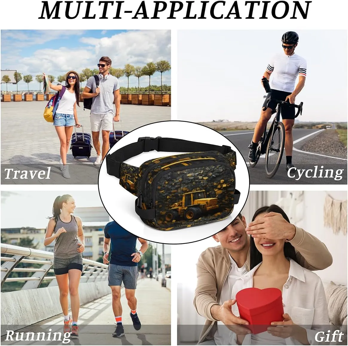 Excavator Bulldozer Fanny Pack for Men Women Crossbody Waist Bag Sport Belt Bag with Multi Pockets for Travel Hiking Jogging Running