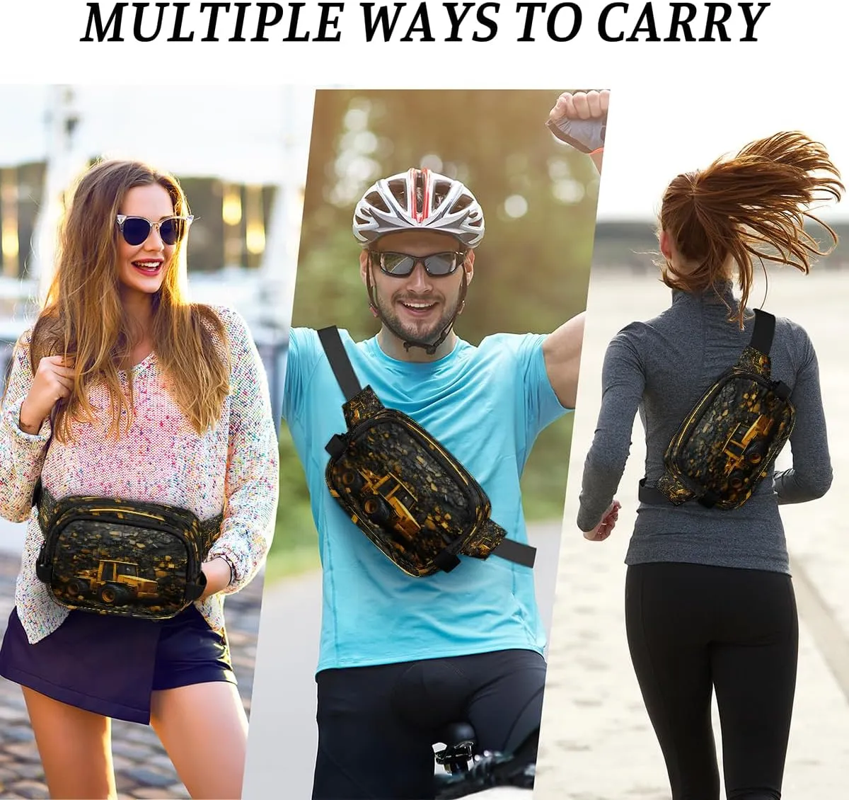 Excavator Bulldozer Fanny Pack for Men Women Crossbody Waist Bag Sport Belt Bag with Multi Pockets for Travel Hiking Jogging Running