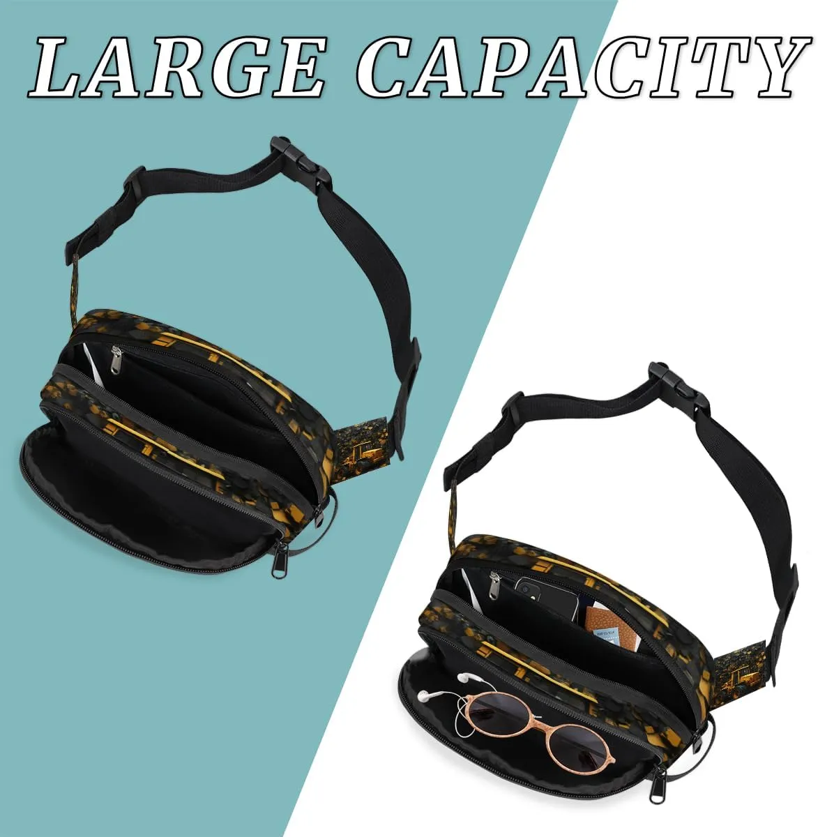 Excavator Bulldozer Fanny Pack for Men Women Crossbody Waist Bag Sport Belt Bag with Multi Pockets for Travel Hiking Jogging Running