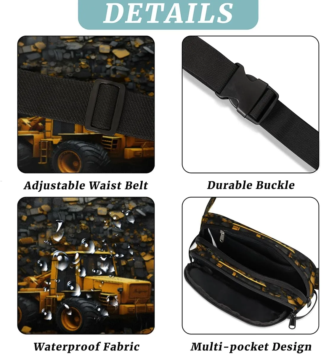 Excavator Bulldozer Fanny Pack for Men Women Crossbody Waist Bag Sport Belt Bag with Multi Pockets for Travel Hiking Jogging Running