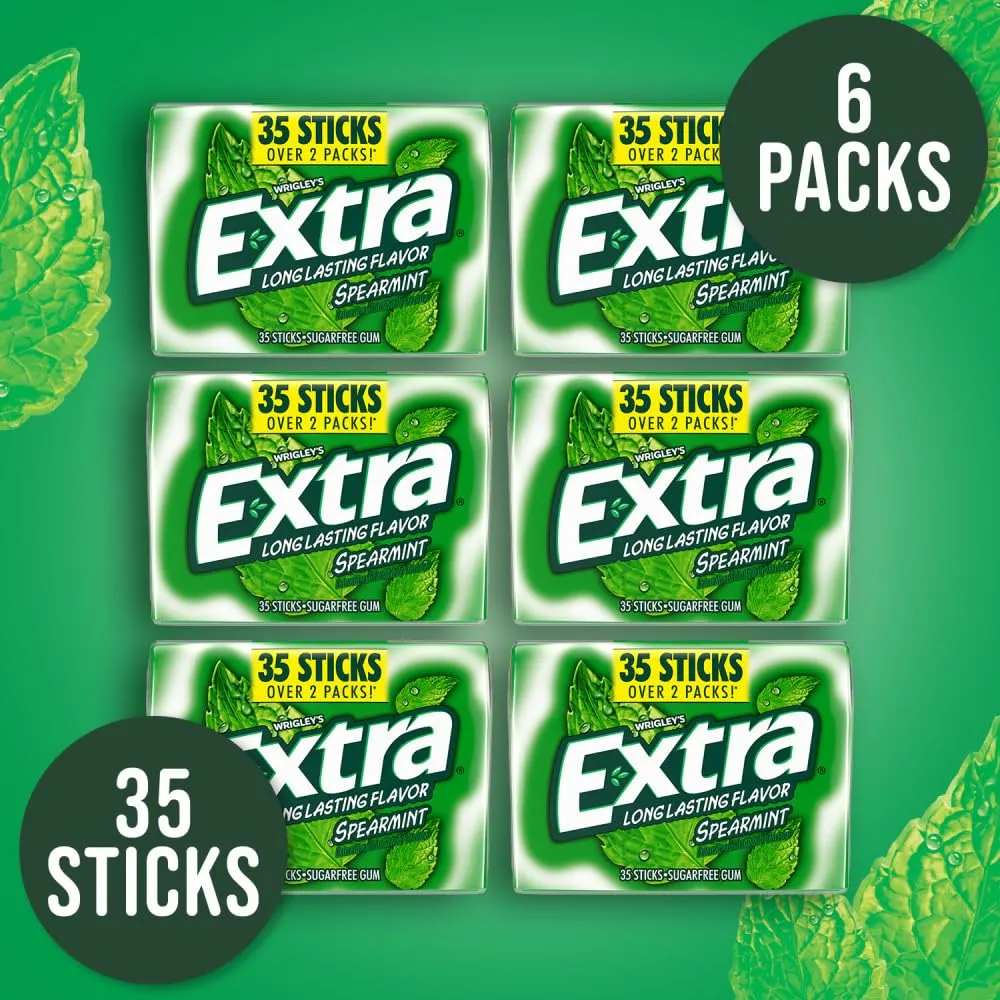 EXTRA Gum Spearmint, Bulk Chewing Gum Sugar-Free, Mega Pack of 6 with 35 Sticks Each