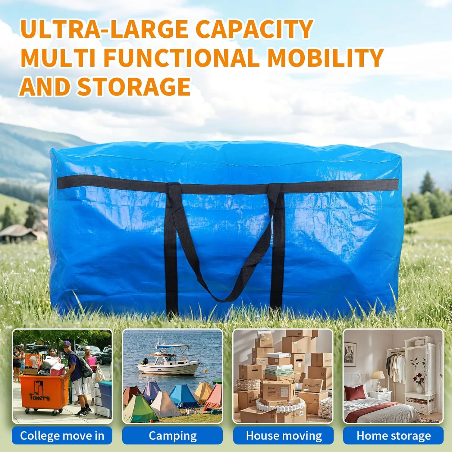 Extra Large Moving Bags Huge Storage Bags Big Foldable Duffle Bag for College Dorm House Moving Large Item Storage and More (Blue 1 pack)