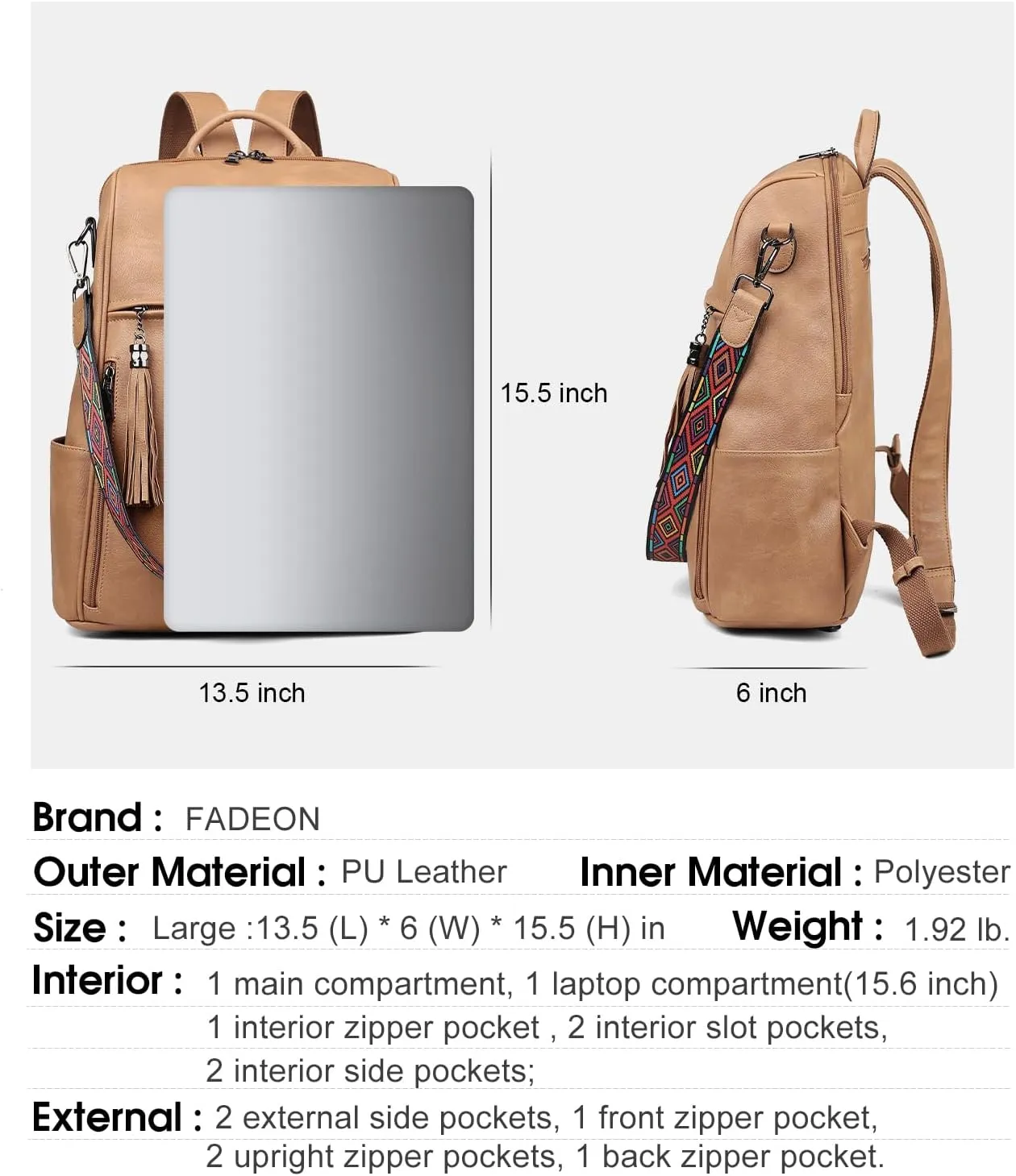 FADEON Leather Laptop Backpack for Women Designer 15.6 inch PU Laptop Bag, Ladies Travel Computer Work Backpack Camel Brown