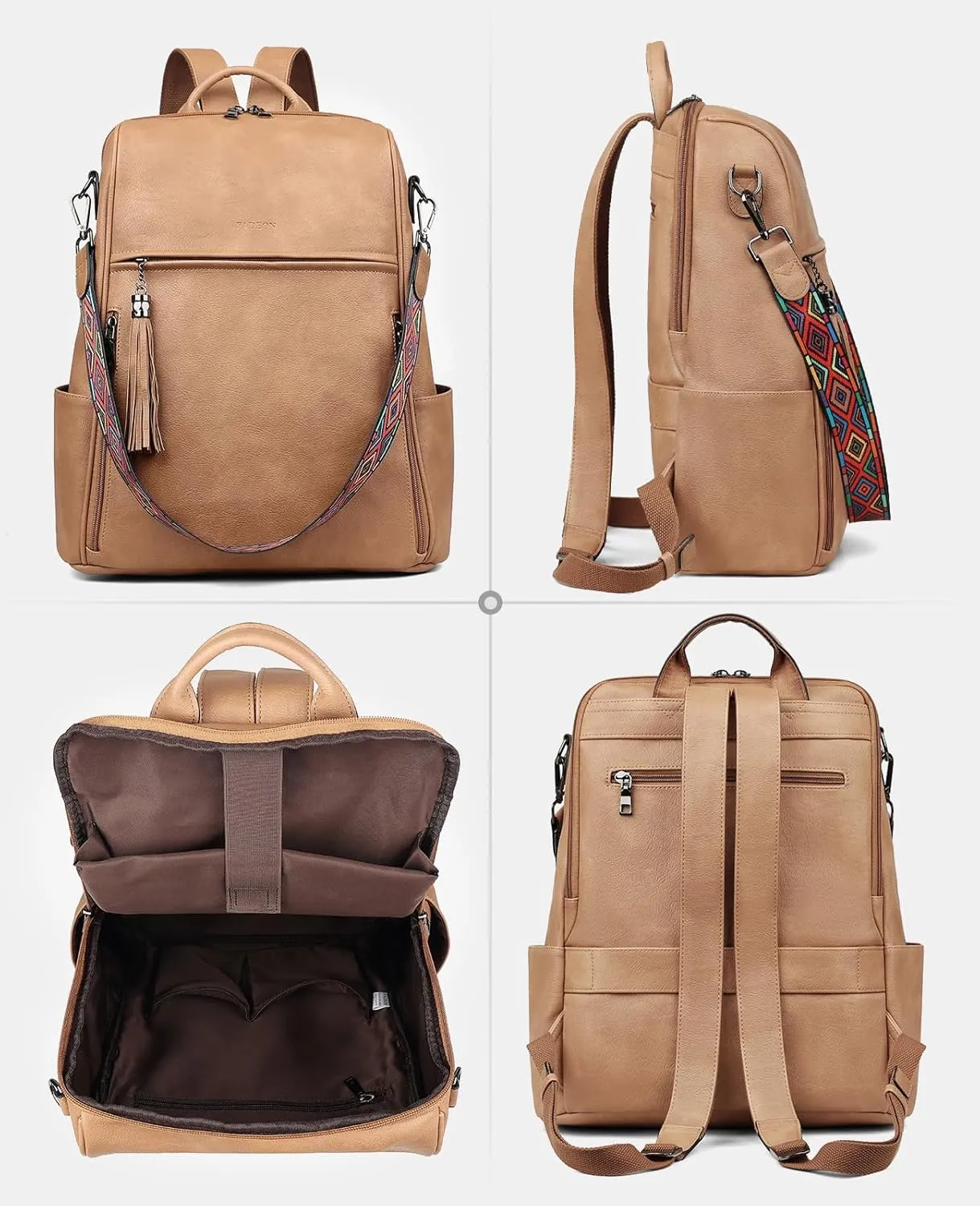 FADEON Leather Laptop Backpack for Women Designer 15.6 inch PU Laptop Bag, Ladies Travel Computer Work Backpack Camel Brown