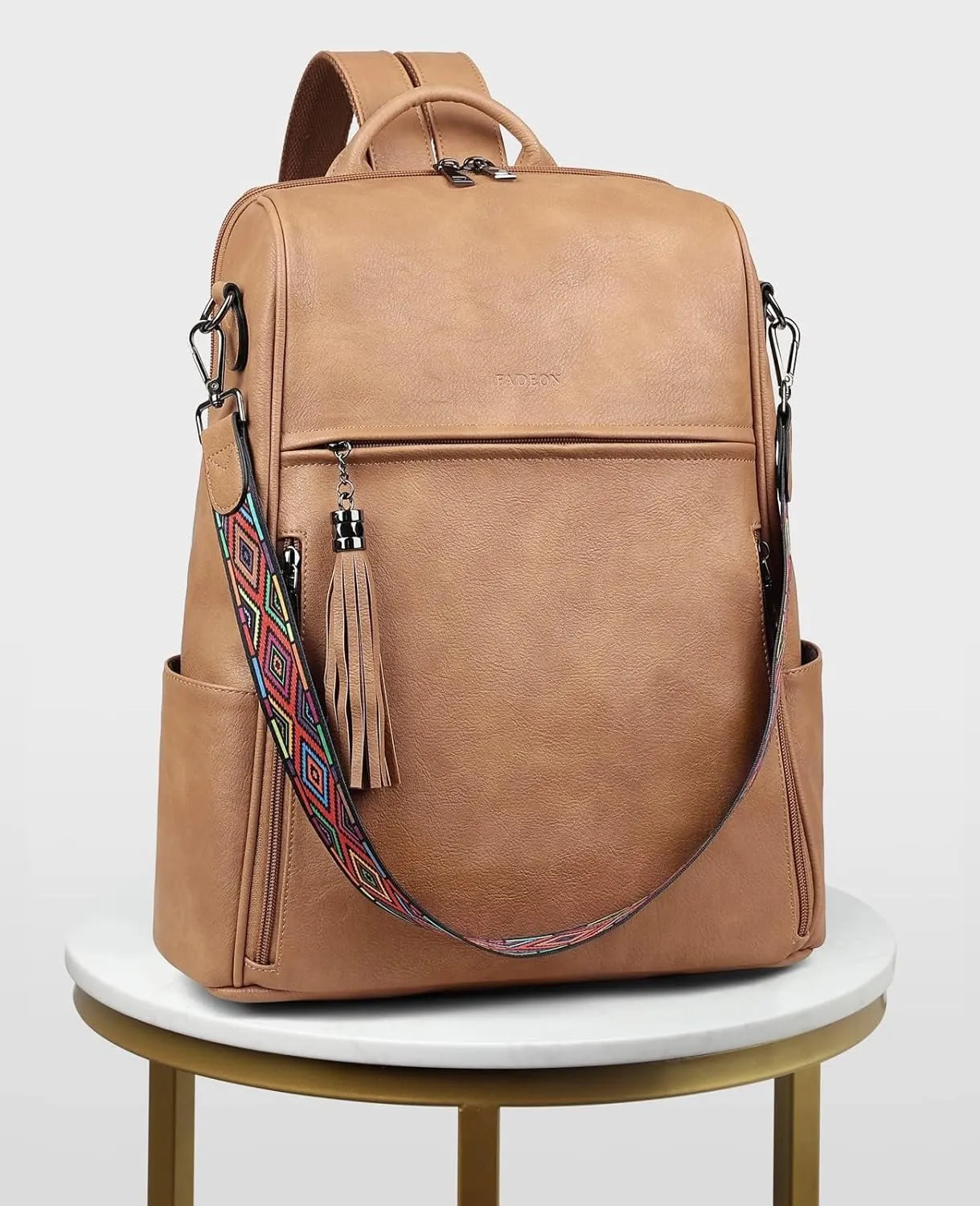 FADEON Leather Laptop Backpack for Women Designer 15.6 inch PU Laptop Bag, Ladies Travel Computer Work Backpack Camel Brown