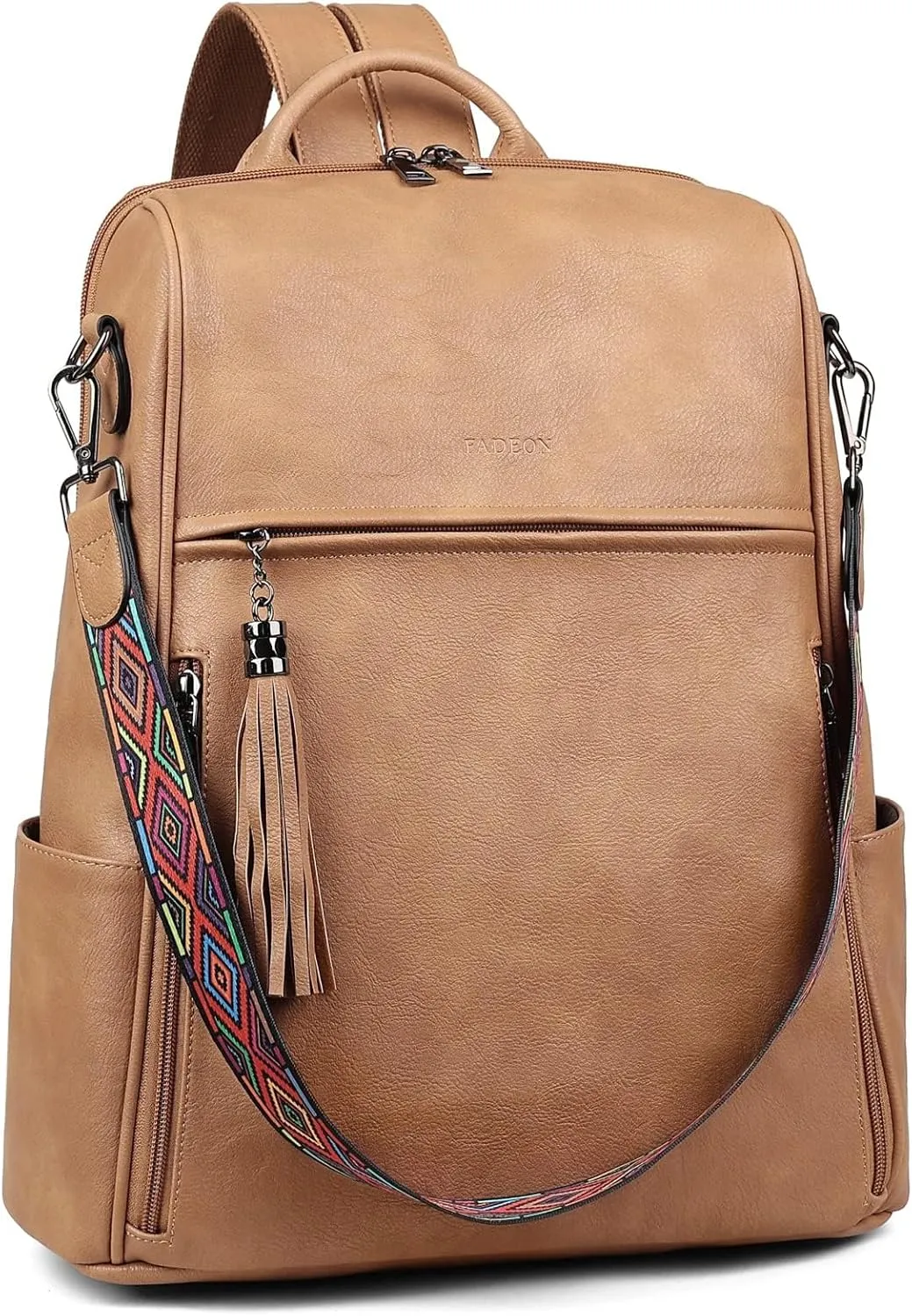 FADEON Leather Laptop Backpack for Women Designer 15.6 inch PU Laptop Bag, Ladies Travel Computer Work Backpack Camel Brown