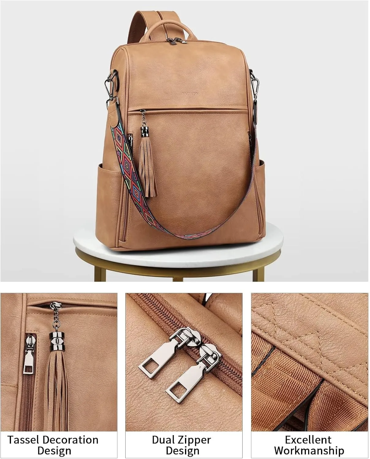 FADEON Leather Laptop Backpack for Women Designer 15.6 inch PU Laptop Bag, Ladies Travel Computer Work Backpack Camel Brown
