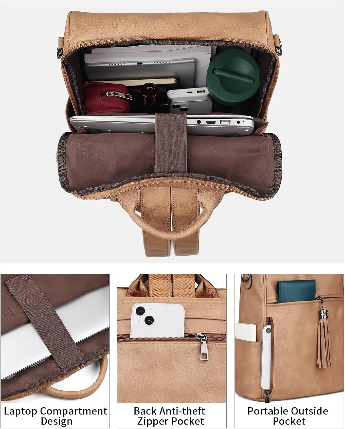 FADEON Leather Laptop Backpack for Women Designer 15.6 inch PU Laptop Bag, Ladies Travel Computer Work Backpack Camel Brown