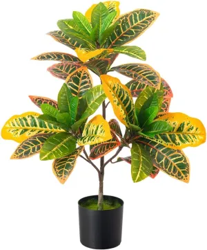 Fake Plant Artificial Croton, 23.6'' Tall with Colorful Leaves Faux Croton Palm Tree in Pot Decorative, Faux Plant Artificial Plants for Home Decor Indoor (23.6''-1Pc)