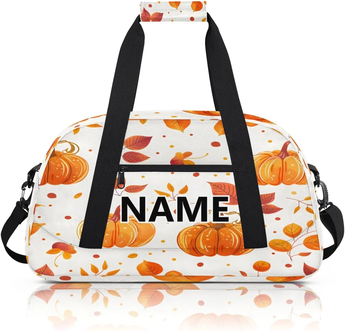 Fall Pumpkin Mini Gym Bag 18 inch for Women Men Waterproof Custom Autumn Leaves Travel Duffel Bag Carry On Overnight Tote Nurse Bag for Work Fitness Hiking