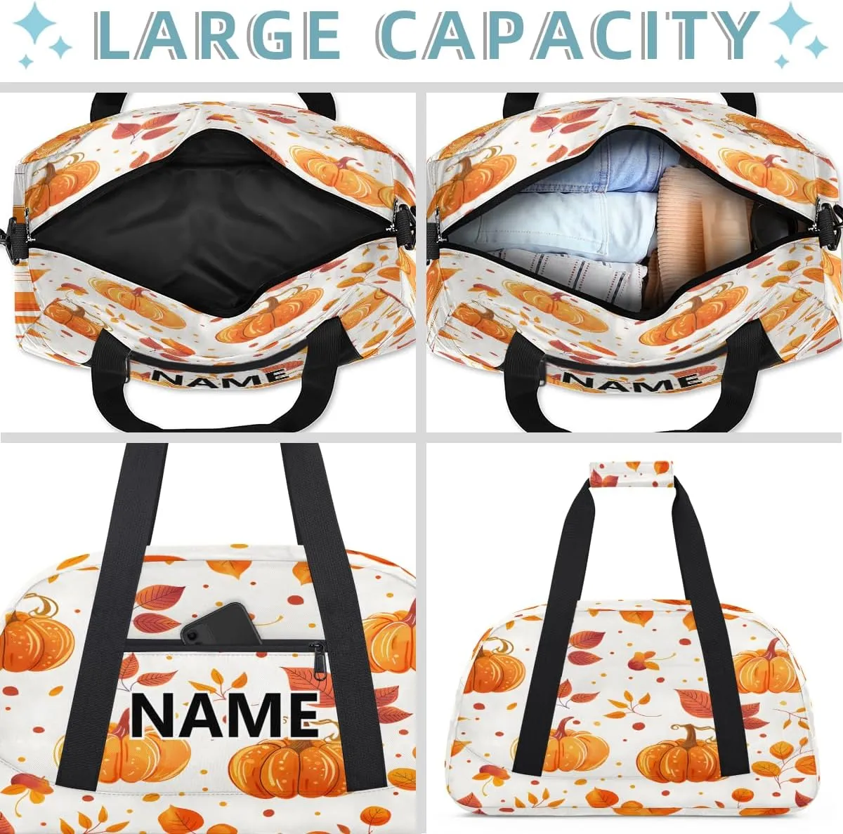 Fall Pumpkin Mini Gym Bag 18 inch for Women Men Waterproof Custom Autumn Leaves Travel Duffel Bag Carry On Overnight Tote Nurse Bag for Work Fitness Hiking