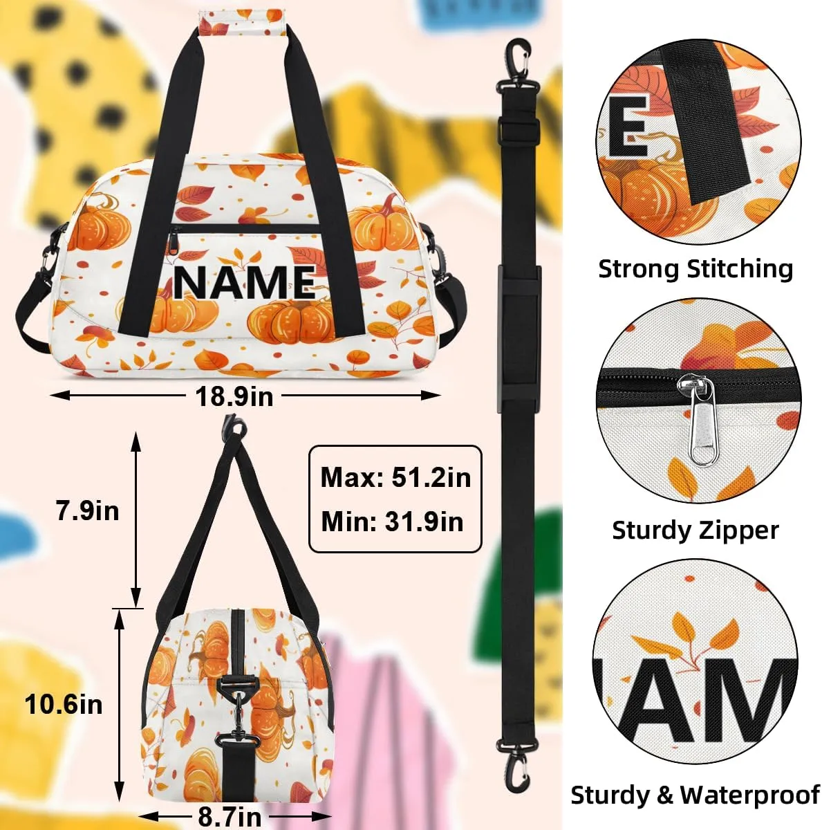 Fall Pumpkin Mini Gym Bag 18 inch for Women Men Waterproof Custom Autumn Leaves Travel Duffel Bag Carry On Overnight Tote Nurse Bag for Work Fitness Hiking