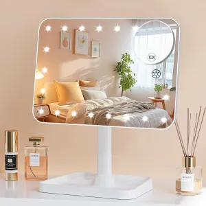 Famihomii Rechargeable Lighted Makeup Mirror for Girls, Makeup Mirror with Lights, Desk Adjustable 360° Rotation Durable Vanity Mirror with Storage, Detachable Design Table Mirror