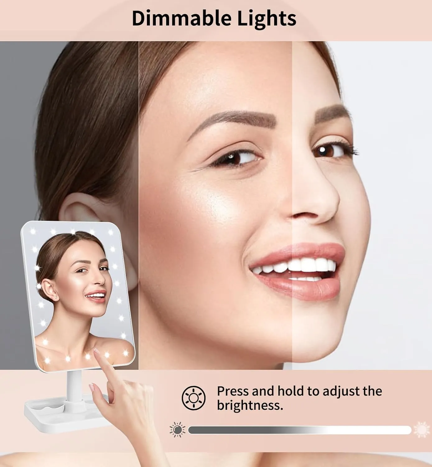 Famihomii Rechargeable Lighted Makeup Mirror for Girls, Makeup Mirror with Lights, Desk Adjustable 360° Rotation Durable Vanity Mirror with Storage, Detachable Design Table Mirror