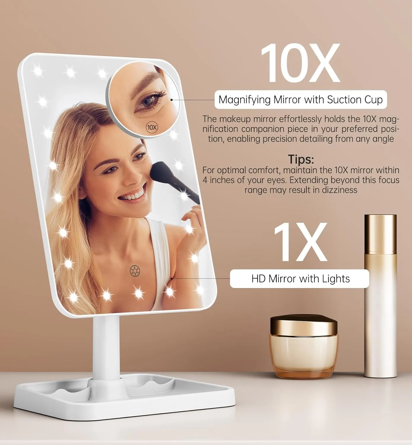 Famihomii Rechargeable Lighted Makeup Mirror for Girls, Makeup Mirror with Lights, Desk Adjustable 360° Rotation Durable Vanity Mirror with Storage, Detachable Design Table Mirror