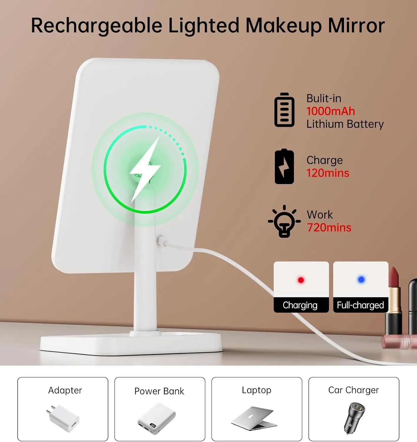 Famihomii Rechargeable Lighted Makeup Mirror for Girls, Makeup Mirror with Lights, Desk Adjustable 360° Rotation Durable Vanity Mirror with Storage, Detachable Design Table Mirror