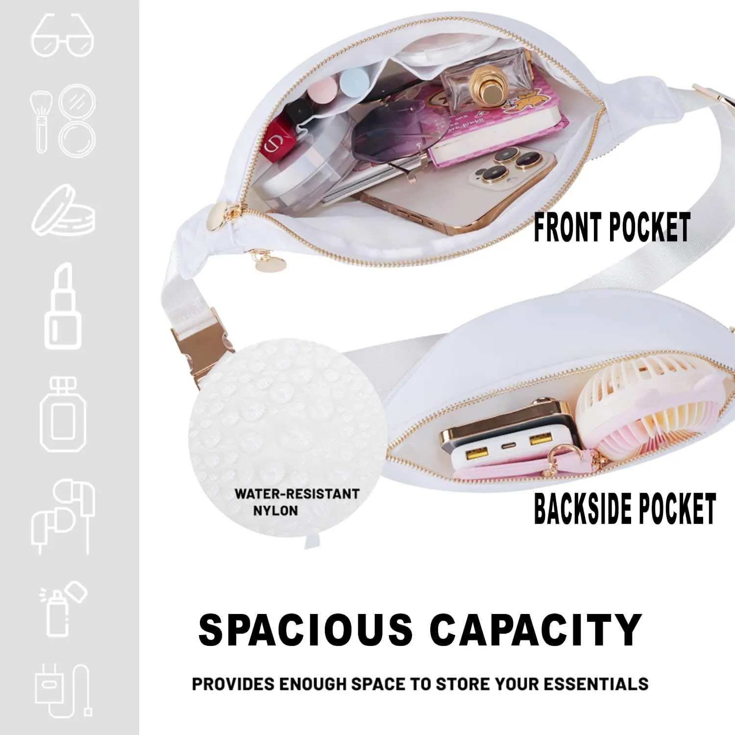 Fanny Pack Bag Women Waist Pack Nylon Crossbody Bag for Women Everywhere Belt Bag for Men (White)