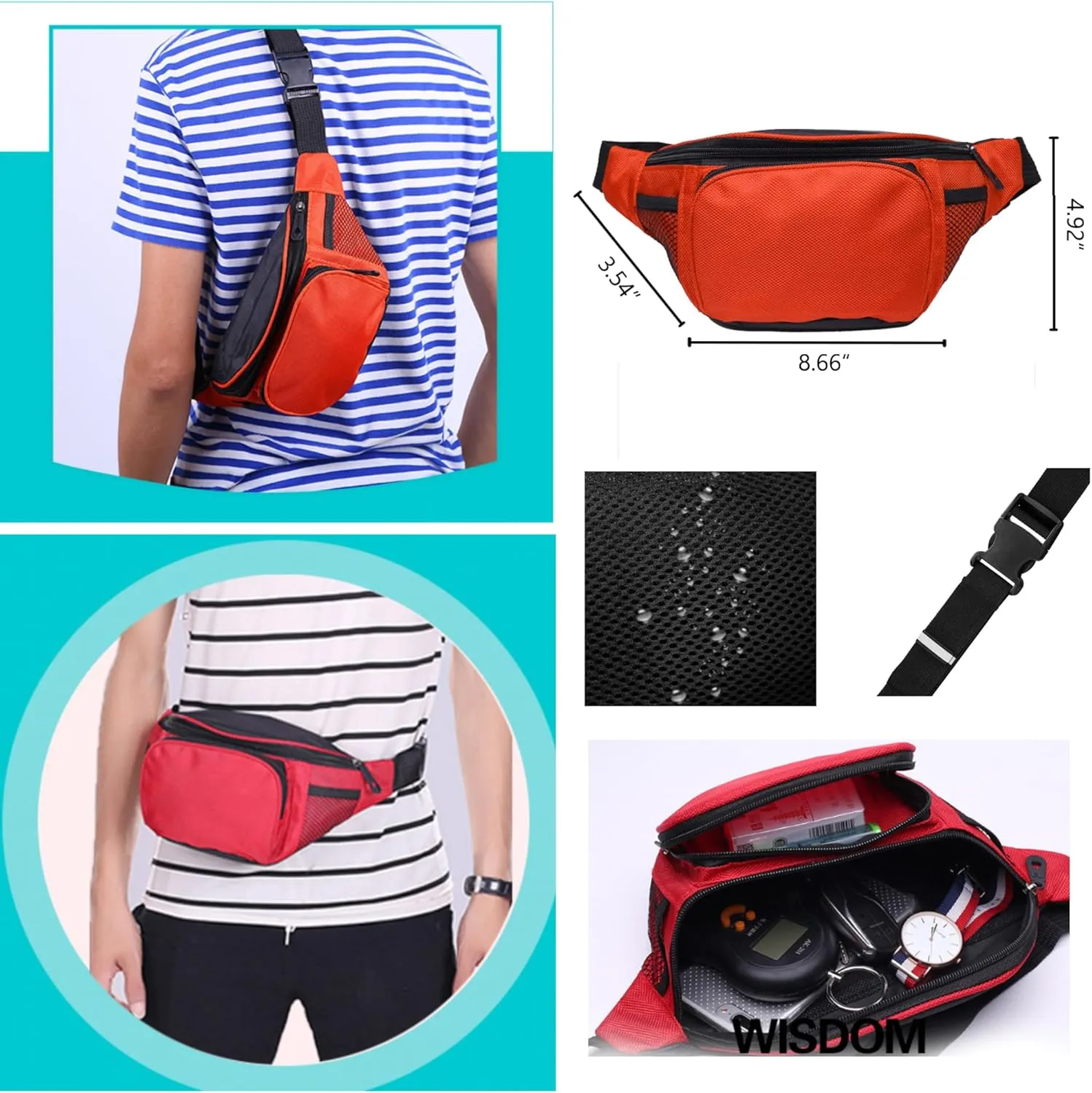 Fanny Pack For Men Women Nylon Zipper Waist Crossbody Waterproof Bag (Red)