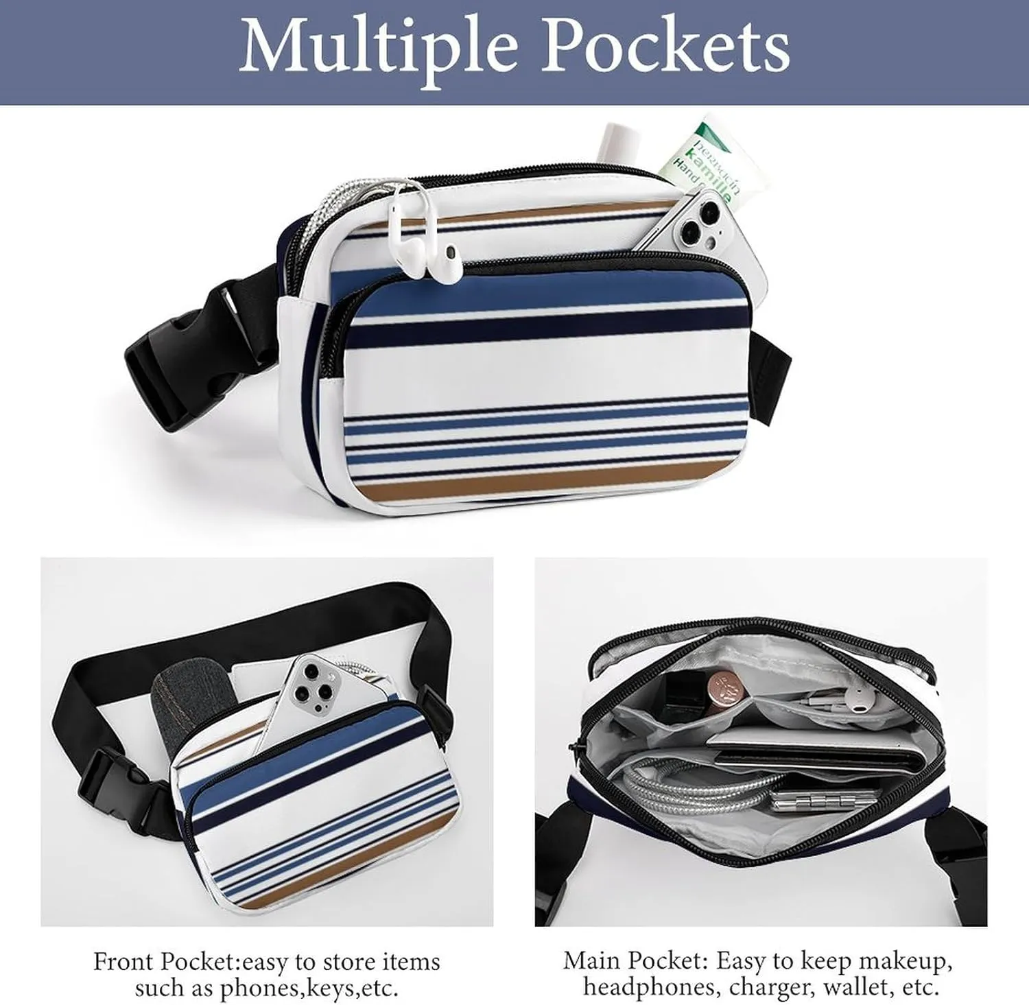 Fanny Pack for Women Men Blue Brown Vertical Stripes Belt Bag Colored Waist Pack Bum Bag for Running Cycling Hiking Travel Workout with Adjustable Strap