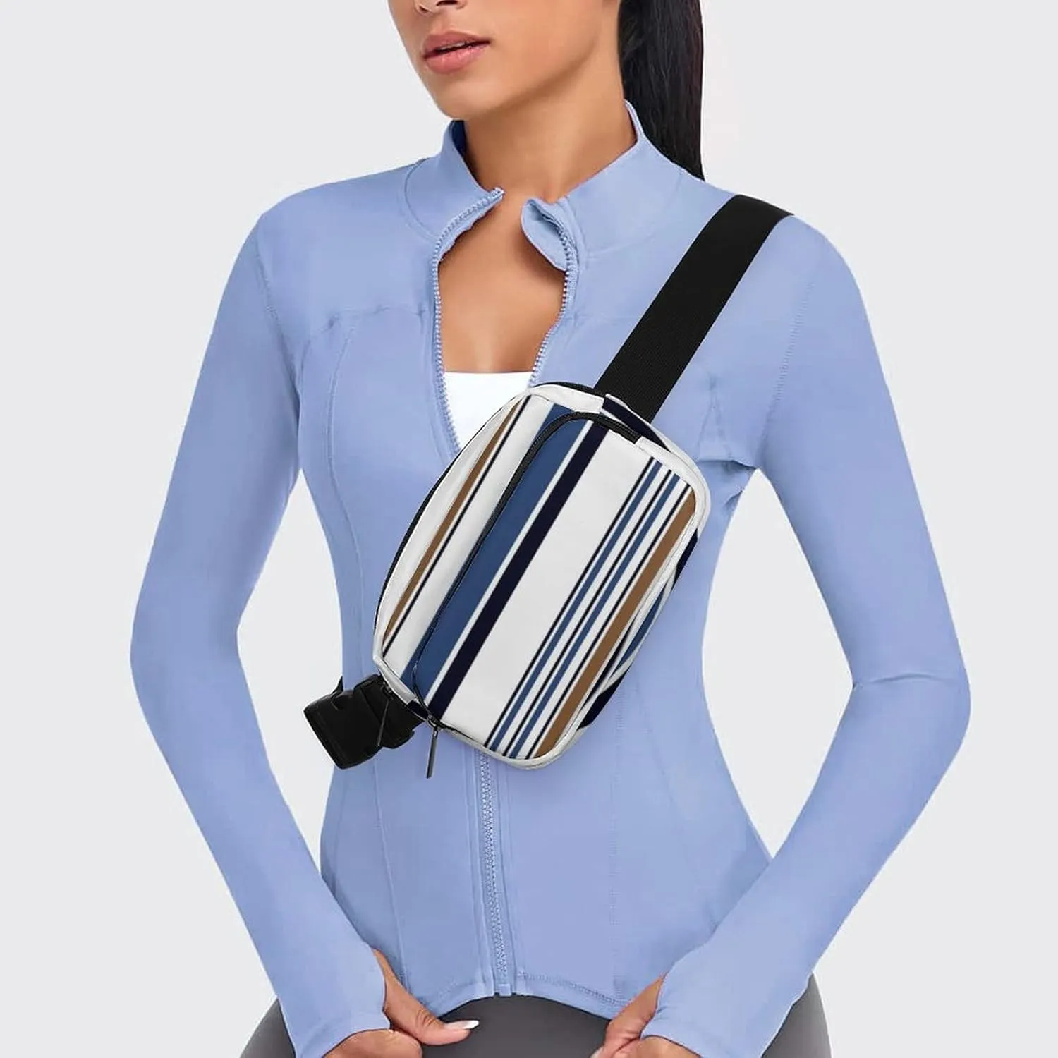 Fanny Pack for Women Men Blue Brown Vertical Stripes Belt Bag Colored Waist Pack Bum Bag for Running Cycling Hiking Travel Workout with Adjustable Strap