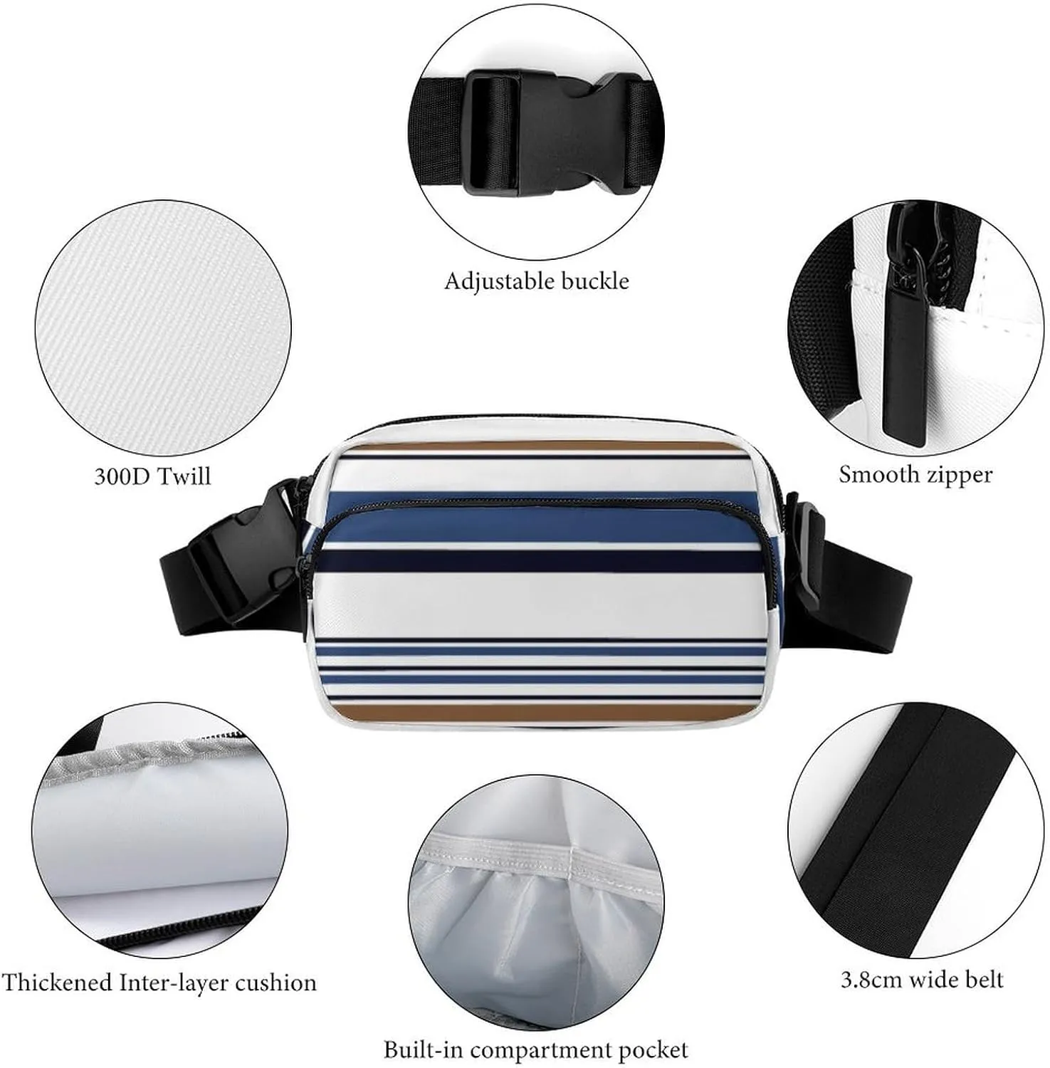 Fanny Pack for Women Men Blue Brown Vertical Stripes Belt Bag Colored Waist Pack Bum Bag for Running Cycling Hiking Travel Workout with Adjustable Strap