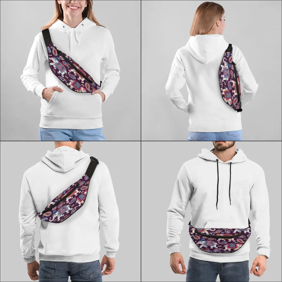 Fanny Pack for Women Men Bohemian Cute Elephant Waist Pack Crossbody Bag with Adjustable Straps for Hiking Running Walking Travel Cycling