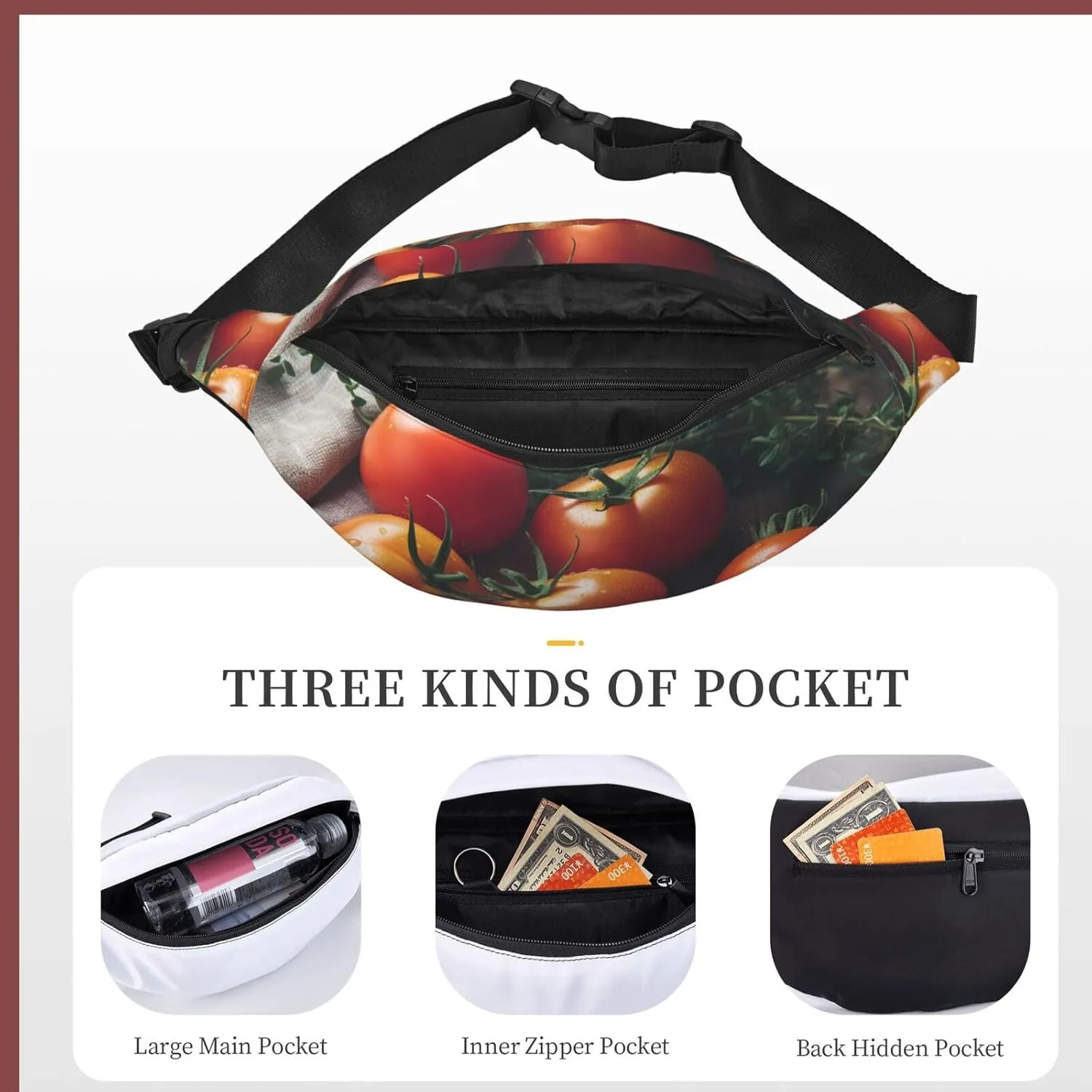 Fanny Pack Tomatoes On Wood Table Waist Pack For Women Men Waterproof Belt Bag With Adjustable Belt Casual Crossbody Bag Travel Waist Bag For Sports Running Cycling