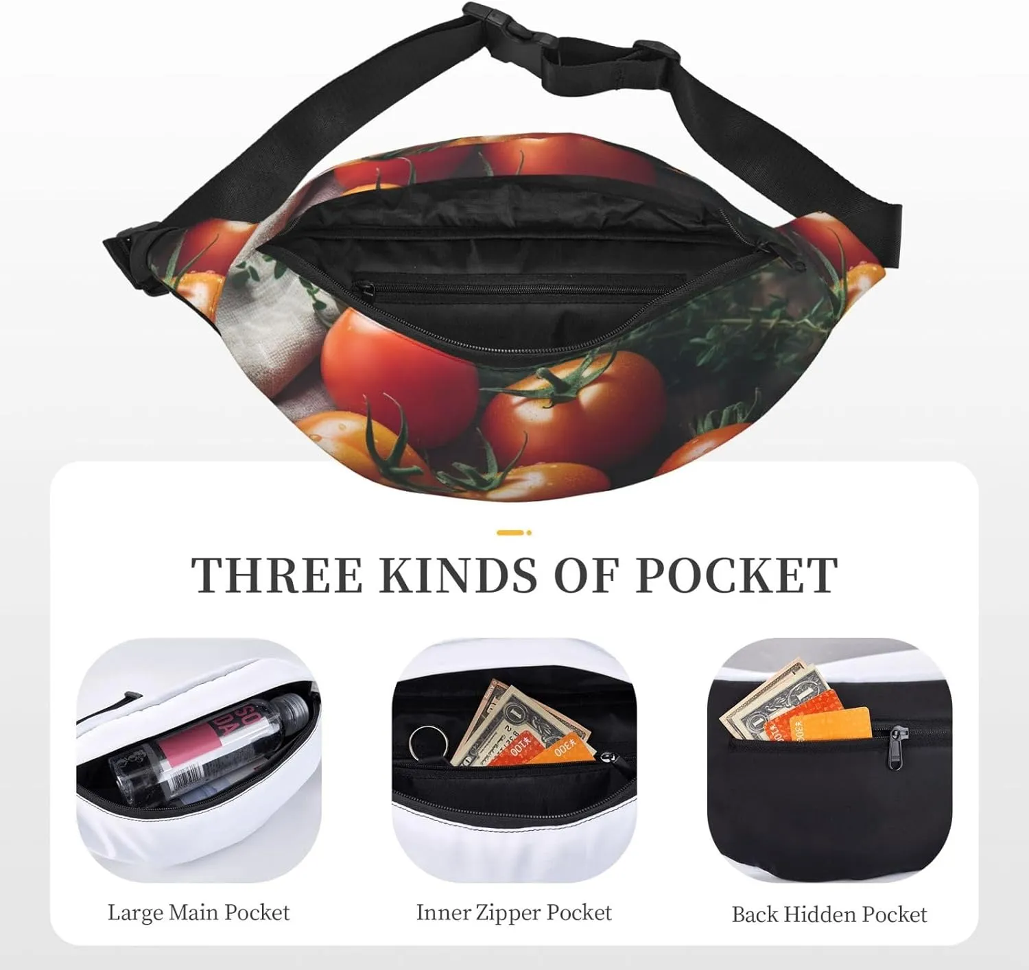 Fanny Pack Tomatoes On Wood Table Waist Pack For Women Men Waterproof Belt Bag With Adjustable Belt Casual Crossbody Bag Travel Waist Bag For Sports Running Cycling