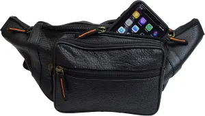 Fanny Pack Waist Bag Genuine Pebbled Leather Travel Hiking Sports Colors (Black)