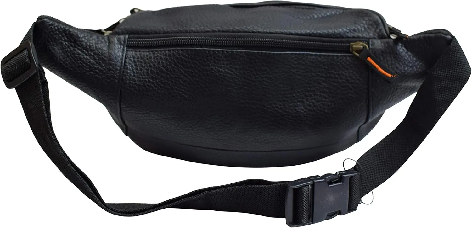 Fanny Pack Waist Bag Genuine Pebbled Leather Travel Hiking Sports Colors (Black)