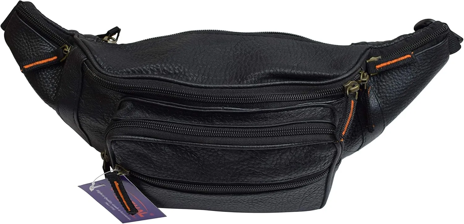 Fanny Pack Waist Bag Genuine Pebbled Leather Travel Hiking Sports Colors (Black)