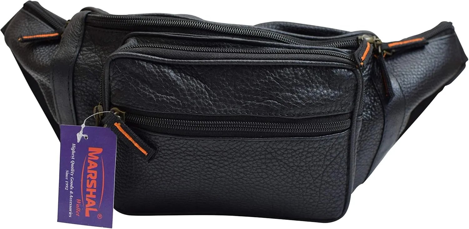 Fanny Pack Waist Bag Genuine Pebbled Leather Travel Hiking Sports Colors (Black)