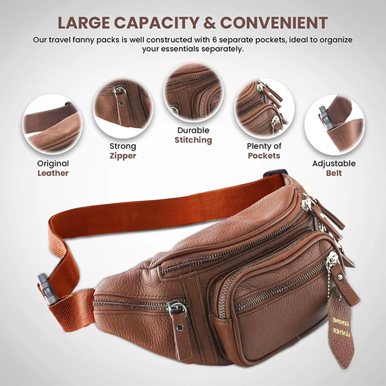 Fanny Pack Waist Bag Multifunction Genuine Leather Hip Bum Bag Travel Pouch for Men and Women- Multiple Pockets & Sturdy Zippers Ideal for Hiking Running And Cycling
