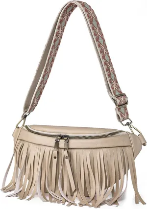 Fanny Packs for Women Fringe Purse Leather Chest Bag Waist Bag Casual Crossbody Bag with Zipper Pockets Travel Festival Sports Hiking Running (Beige)