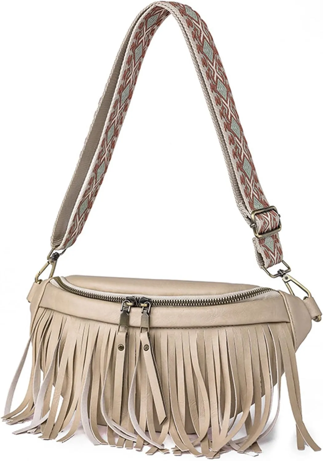 Fanny Packs for Women Fringe Purse Leather Chest Bag Waist Bag Casual Crossbody Bag with Zipper Pockets Travel Festival Sports Hiking Running (Beige)