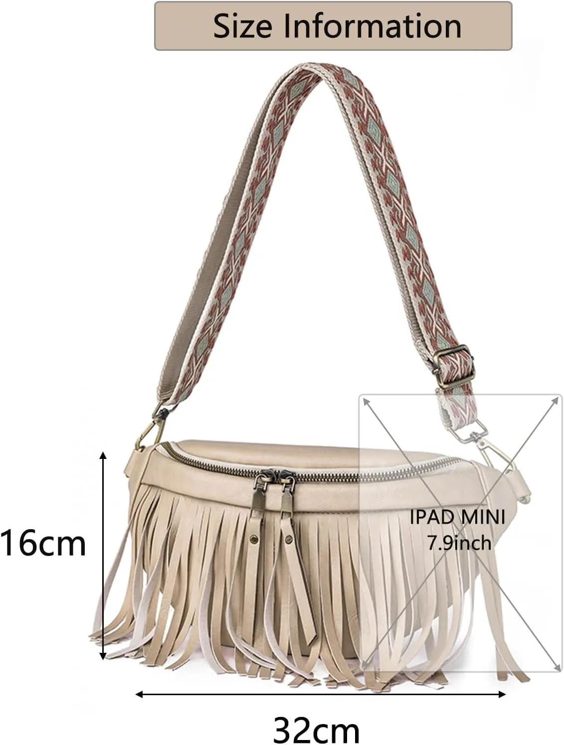 Fanny Packs for Women Fringe Purse Leather Chest Bag Waist Bag Casual Crossbody Bag with Zipper Pockets Travel Festival Sports Hiking Running (Beige)
