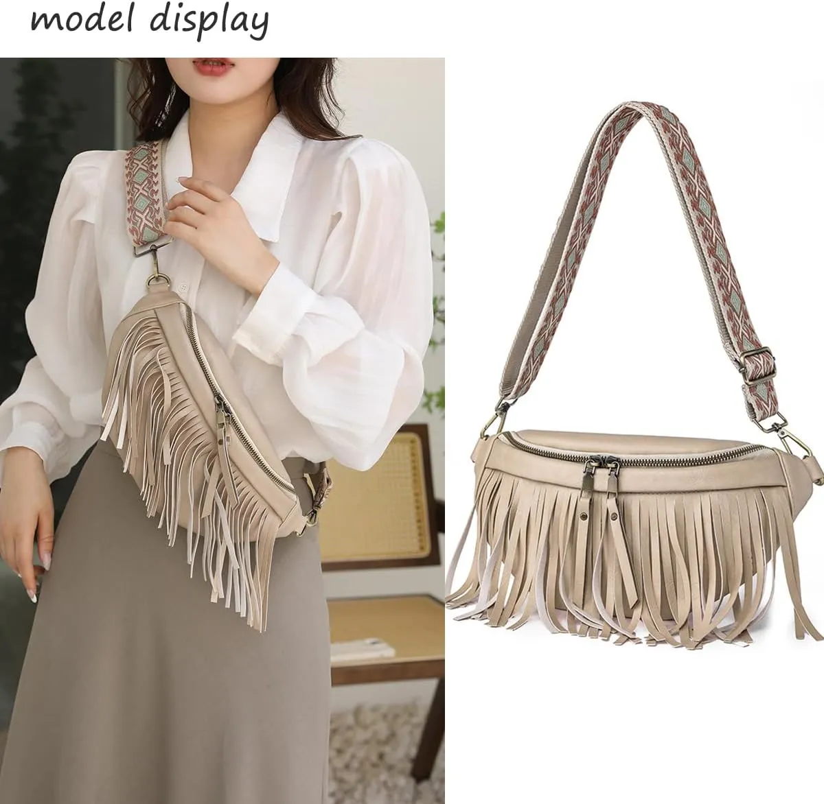 Fanny Packs for Women Fringe Purse Leather Chest Bag Waist Bag Casual Crossbody Bag with Zipper Pockets Travel Festival Sports Hiking Running (Beige)