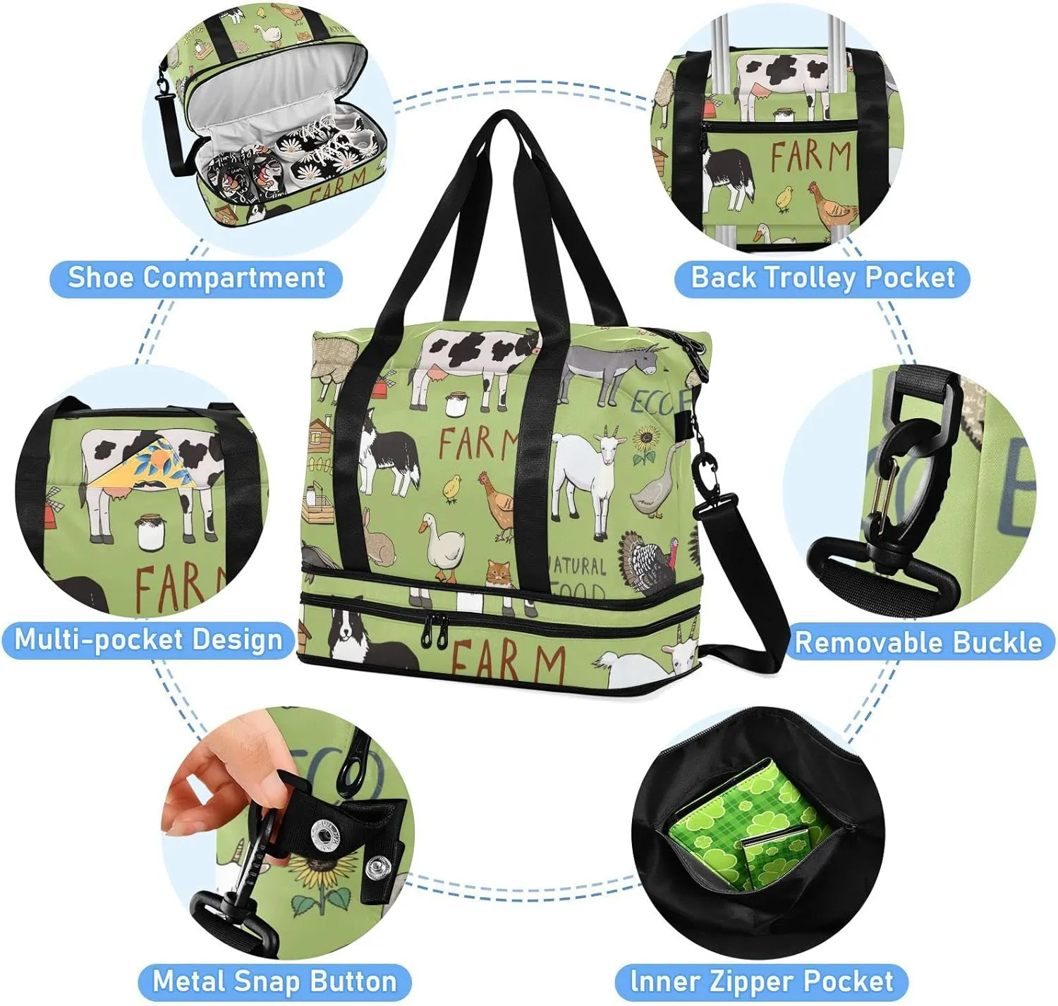 Farm Rooster Milk Cow Donkey Pig Sheep Cat Dog Rabbit on Green Gym Duffel Bag, Polyester Travel Weekender Luggage Handbag with Waterproof Pocket for Wet Items, Unisex Foldable Tote for Sports
