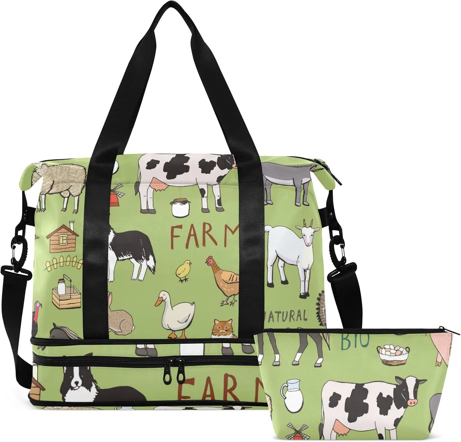 Farm Rooster Milk Cow Donkey Pig Sheep Cat Dog Rabbit on Green Gym Duffel Bag, Polyester Travel Weekender Luggage Handbag with Waterproof Pocket for Wet Items, Unisex Foldable Tote for Sports