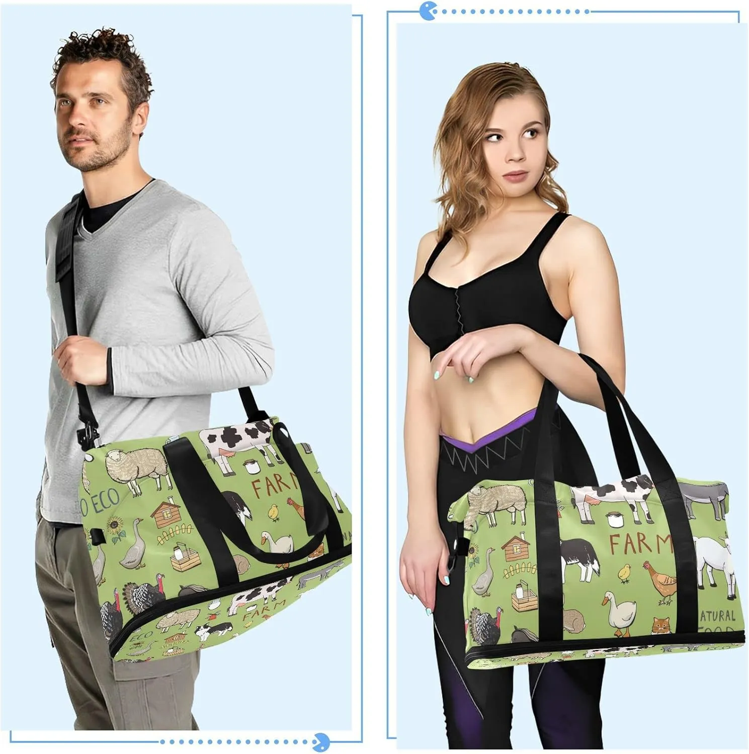 Farm Rooster Milk Cow Donkey Pig Sheep Cat Dog Rabbit on Green Gym Duffel Bag, Polyester Travel Weekender Luggage Handbag with Waterproof Pocket for Wet Items, Unisex Foldable Tote for Sports