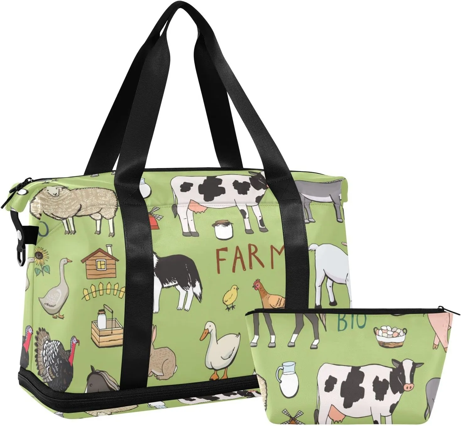 Farm Rooster Milk Cow Donkey Pig Sheep Cat Dog Rabbit on Green Gym Duffel Bag, Polyester Travel Weekender Luggage Handbag with Waterproof Pocket for Wet Items, Unisex Foldable Tote for Sports