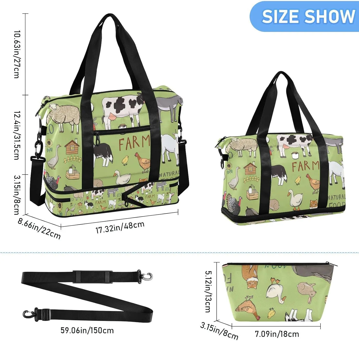 Farm Rooster Milk Cow Donkey Pig Sheep Cat Dog Rabbit on Green Gym Duffel Bag, Polyester Travel Weekender Luggage Handbag with Waterproof Pocket for Wet Items, Unisex Foldable Tote for Sports